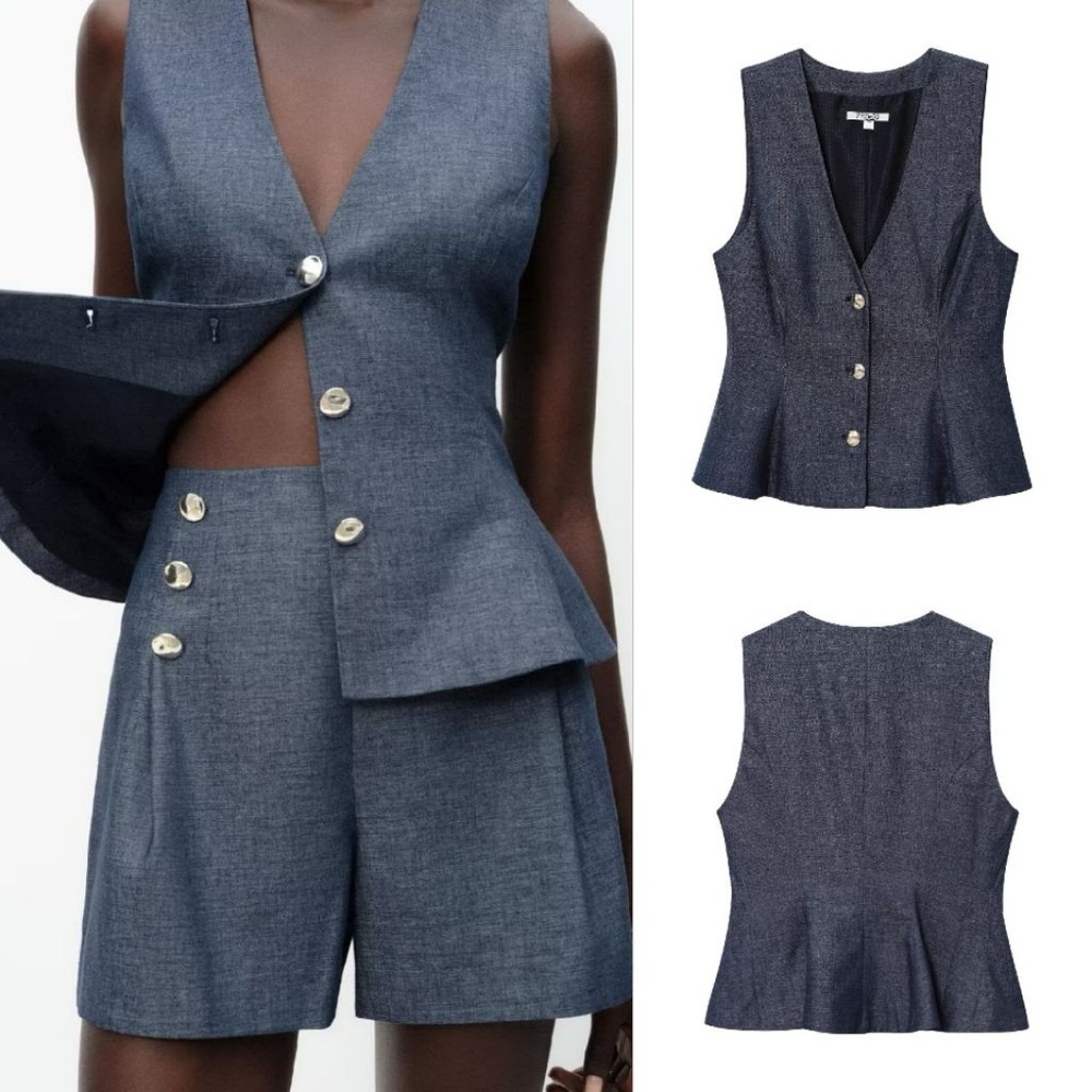 Zara Linen Peplum Vest NWT TOP ONLY Light Indigo | Matching Shorts Separate Navy